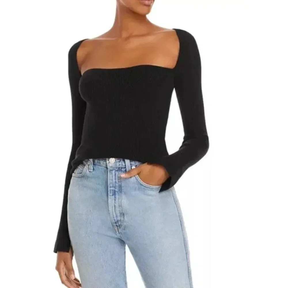 Eleven Six Elle Sweater Knit Jumper Top Square Neck Ribbed Bodycon Black Large